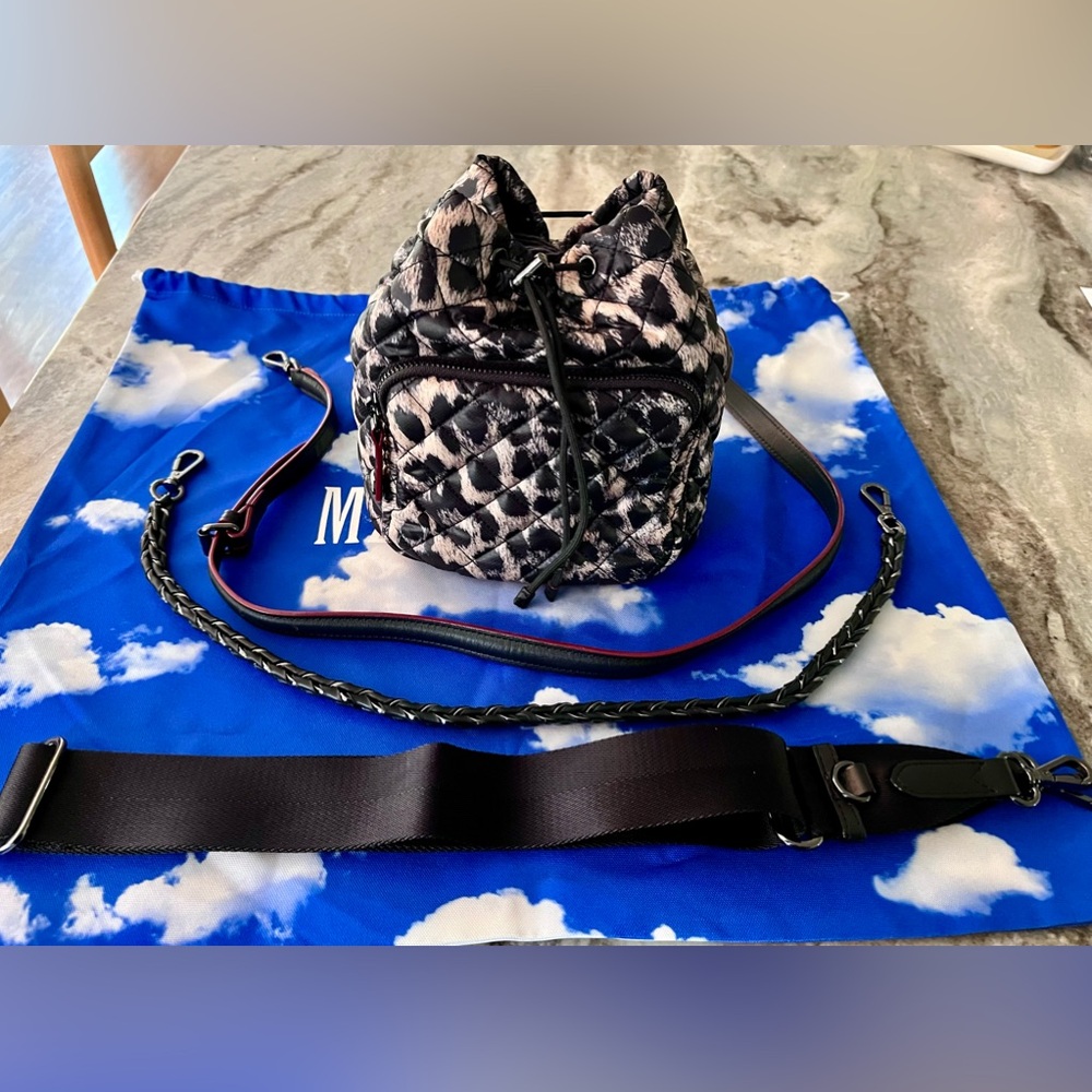 MZ Wallace Quilted Black and White Mini Drawstring Crossbody Bag